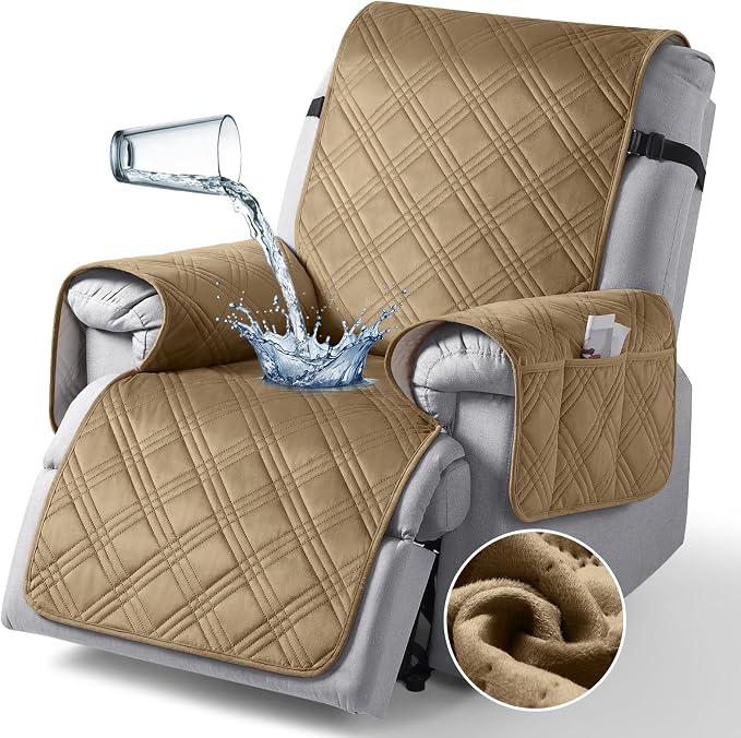 TAOCOCO 100% Waterproof Recliner Chair Cover, Recliner Covers for Recliner Chair with Pocket, Non Slip Reclining Chair Cover Furniture Protector for Kids, Pets(23.6'', Khaki-Velvet) - Image 8
