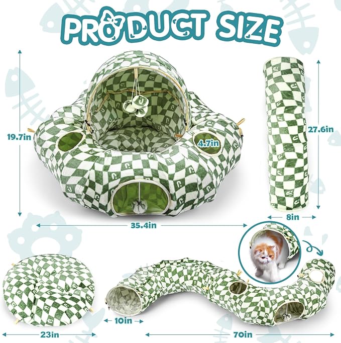Cat Bed and Tunnel Toy - Cat Donut with Straight Tunnel, Washable Cushion, 4 Hanging Balls, 6 Peek Holes, Collapsible, Green - Image 5