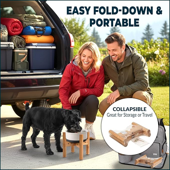 Dog Bowl Stand for Small-to-Medium Dogs - Adjustable | Use to Elevate Raise Dog Food, Water and Slow Feeder Bowls, Lock-Bolts and Tool Added, Foot-Padded, Bamboo Stand Only - Image 2