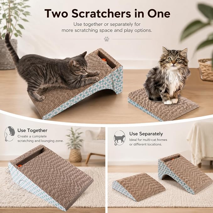 Cardboard Cat Scratcher Ramp with Ball, 2 Sizes Cat Scratch Pads | Nesting Triangle Design, with 17"x11" and 11"x11" Corrugated Scratchers, for Space-saving Natural Scratching, with Catnip - Image 4