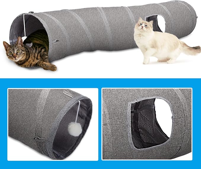 Ownpets S-Shape Cat Tunnel Toy 48"L x 10"D, for Cats, Puppies & Small Pets | Collapsible for storage, tear-resistant oxford fabric, connects to other tunnel, with peek hole, feather wand, indoor/outdoor - Image 5