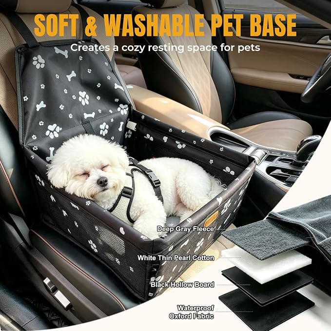 Pet Dog Booster Seat, Upgrading the Framed wall to Prevent Collapse，Breathable and Foldable Pet Car Basket，Removable andWashable pet car seat (Black Footprints) - Image 4