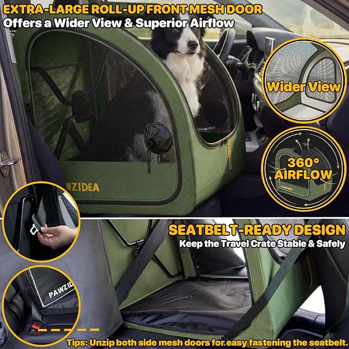 PAWZIDEA Portable Dog Crate for Car Travel, Medium & Large Dogs Up to 80lbs | Soft-Sided Dog Car Kennel for Backseat, Secures Seatbelt & Headrest Strap, Collapsible Enclosed Car Seat Carrier, Chew-Proof - Image 5