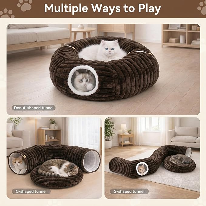 Dogpals Cat Tunnel Bed Cave 33" Lx10 Wx10 H for Indoor Cats (Coffee) | Washable Cozy Cushion, Soft Striped Plush Fabric, Hideaway Peekaboo Cave for Kittens, Puppies, Rabbits & Small Pets - Image 2