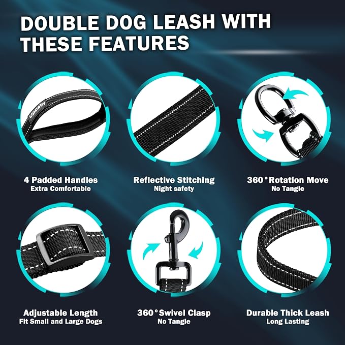 Uppetly Double Dog Leash for 2 Dogs, No Tangle Dual Leashes for Walking with Adjustable Length, Reflective Stitching and 4 Comfortable Padded Handles (Large, Black) - Image 3