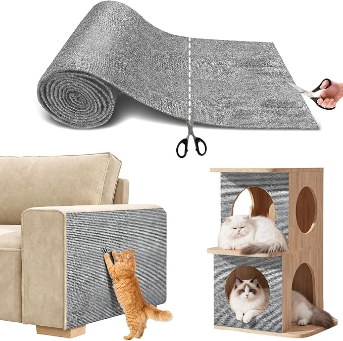 Cat Scratch Mat for Couch, 78.7x15.8 in Self-Adhesive | DIY Climb Cat Scratch Carpet, Trimmable Pads for Tree Post, Couch Furniture Wall Door Protector, with Pins & Tape, Light Grey by SEPAZON