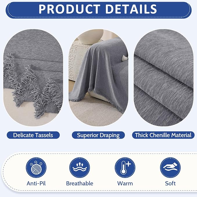 Chenille Couch Cover for Dogs Washable Boho Throw Blanket Washable | 71"×150",Gray, Soft Chenille, Tassel Design, Pet Friendly, Furniture Protector, for Couch, Sofa, Bed, Living Room - Image 5