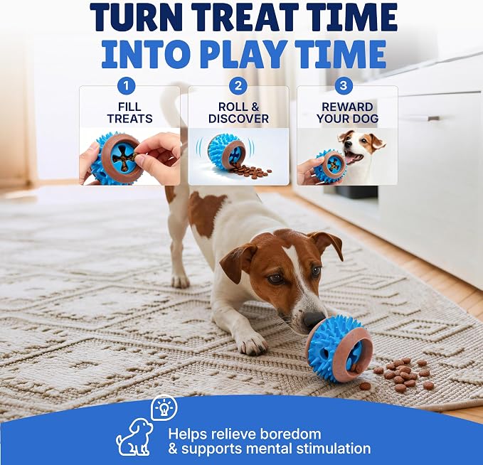 Dog Treat Ball, Treat Dispensing Puzzle Toys for Small & Medium Dogs, Blue | 3-Inch Size • Interactive Toy • Bacon Scent • Soft TPR Rubber • Dental Cleaning - Image 3