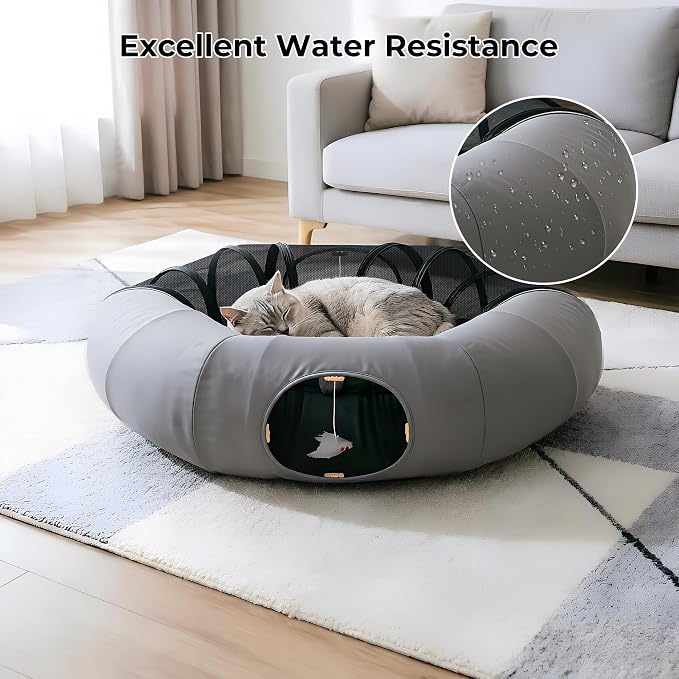 COZIWOW Cat Tunnel Bed for Indoor Cats, 2-in-1 with Splicing Design | Dual Material Cushion & Hanging Toys, Adjustable & Foldable Shape, Cat Donut Cave for Kitten/Bunnies(Grey) - Image 3