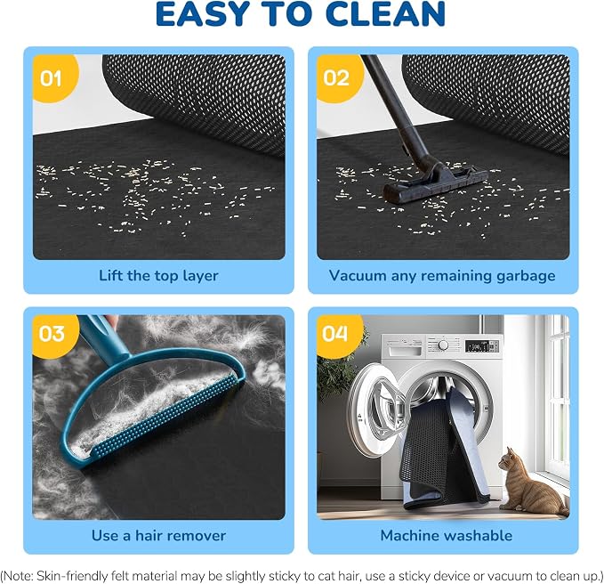 Cat Litter Mat 47" x 35", Washable Urine-Proof Non-Slip Black | Machine Washable, Upgraded Felt & Fabric Material Litter Mat for Fewer Creases, Hold 3-4 Litter Boxes, Soft on Paws - Image 7