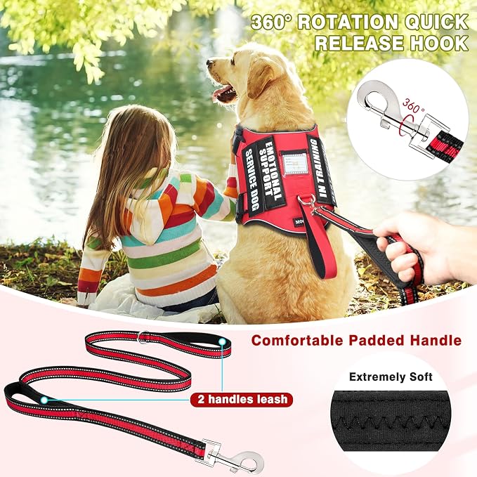 Service Dog Vest Harness and Leash Set+10 Patches,No Pull&Adjustable Reflective Dog Harness with Soft Padded Handle for Training/Everyday,Fit Small/Medium/Large/Extra-Large Dogs (Red S) | Adjustable Reflective Service Dog Harness Small Sized,Dog Leash ... - Image 2