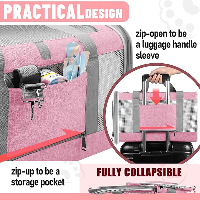 GAPZER Large Cat Carrier Soft, Collapsible Travel Pet Carry Bag, Small Dogs | Big Kitten Cat 20lbs Mainecoon, Top Open Travel Shih-Tzu Pet Kennel, Yorkie Small Dog 10 Pounds, 18x12x12, Durable Cloth Pink - Image 7