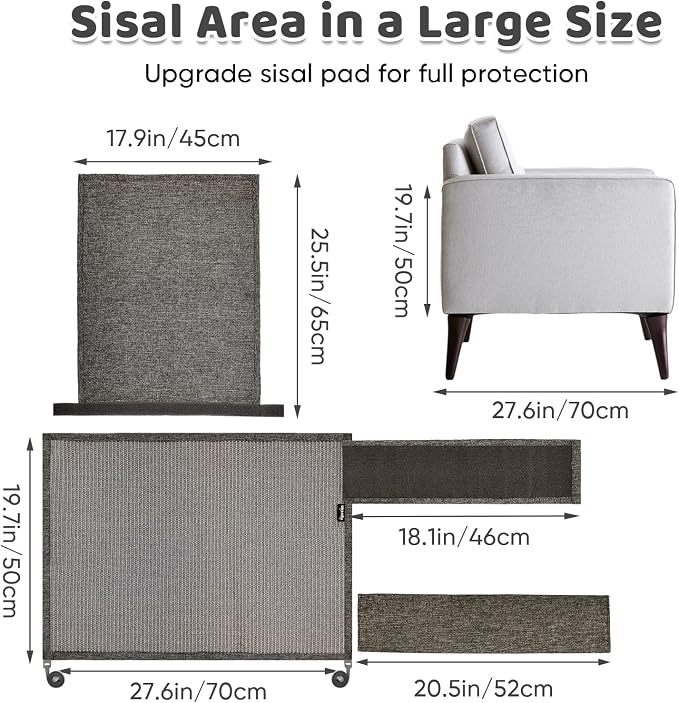NATUYA Cat Scratch Furniture Couch Protector - Large Sisal Cat Scratching Pad Sofa Corner Arm Shield, Cat Scratcher for Sofa (All Gray, Left) - Image 3