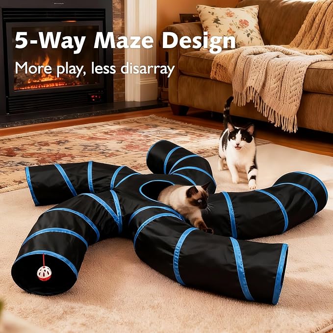Joytale Cat Tunnel for Multiple Cats, 5-Way Indoor Tube Toy to Chase & Hide | Bell ball & Toy Mouse Included; Peekaboo Hole; Pops Open & Folds Into Zip Bag; Fits Cats to ~12 lb; Kittens & Rabbits Too - Image 2