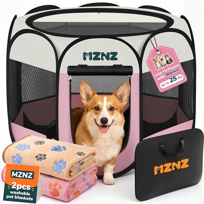Dog Cat Small Animal Puppy Playpen Crate with 2 Blankets, Medium, Pink | Portable Pet Pigs Bunny Cage Enclosure, Pop Up Dogs Cats Tent Kennel with Carrying Case, No Assembly, Camping Use by MZNZ