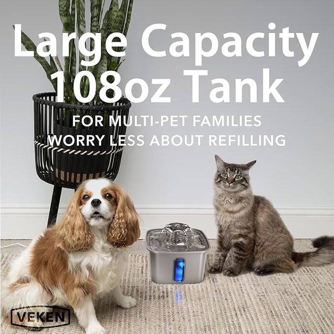 Veken Innovation Award Winner Stainless Steel Cat Water Fountain, 108oz | Automatic Pet Fountain Dog Water Dispenser with 6 Replacement Filters & Silicone Mat for Cats, Dogs, Multiple Pets (Silver) - Image 4