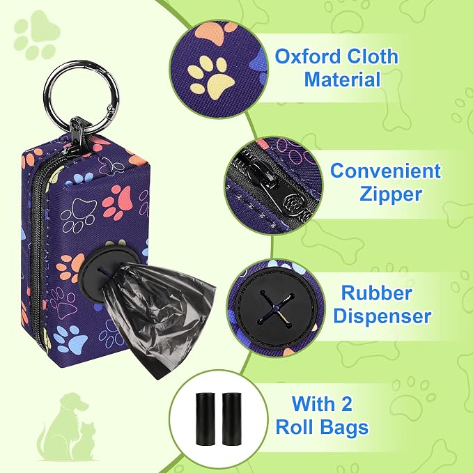 2pack Dog Poop Bag Holder with 2 Roll Bags Lightweight Zipper Dog Poop Bag Holders for Leashes Reusable Small Puppy Pet Waste Bags Dispenser Pouch with Clip Paw Pink/Purple - Image 3