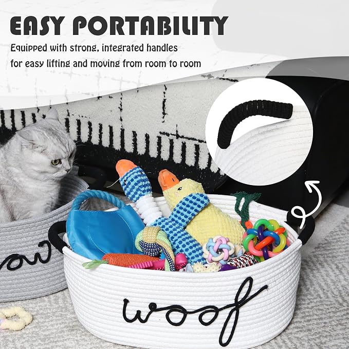 Sea Team Dog Toy Storage Basket with Handles, White Woof | Large Cotton Rope Storage Bin, Shelf Basket, Organizer for Pet Chew Toys, Foods, 16.5 x 11 x 7 Inches, 4.4 Gallons - Image 7