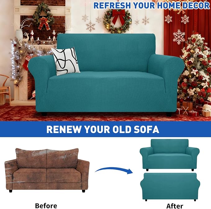 MAXIJIN Stretch Loveseat Sofa Slipcovers 1 Piece Love Seat Couch Covers for 2 Cushion Couch Non Slip Sofa Cover Washable Dog Cat Proof Furniture Protector Pet Friendly (Loveseat, Peacock Teal) - Image 2