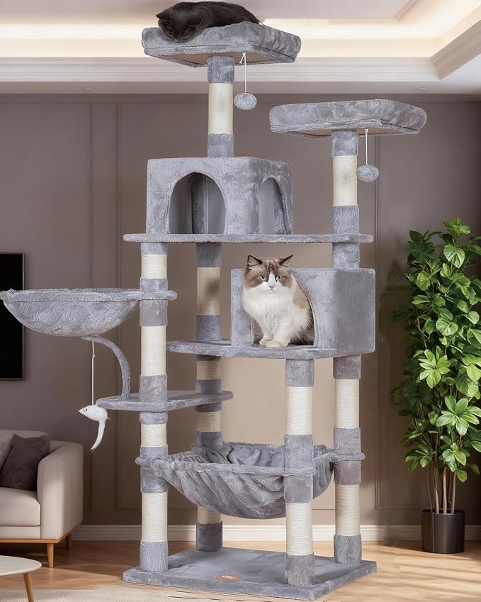 Heybly Cat Tree, 70 inches Tall Cat Tower for Indoor Large Cats HCT032W | Big Cat Condo with Toy , Cat House Furniture with Padded Plush Perch, Cozy Hammock and Sisal Scratching Posts, Light Gray by HEYBLY