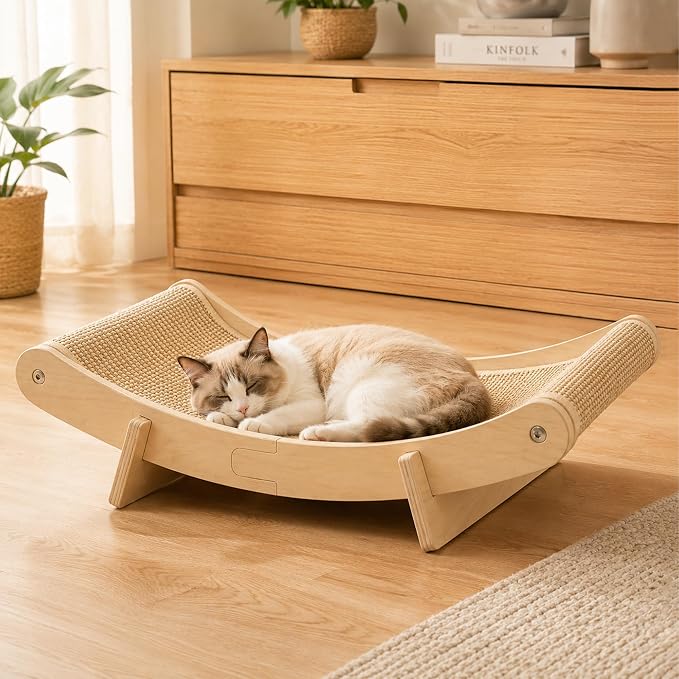 PETKARAY Inclined Sisal Cat Scratcher Bed, Curved Wooden Cat Hammock Chair, Large Scratch Pad for Indoor Cats, Cozy Cat Furniture Lounge by PETKARAY