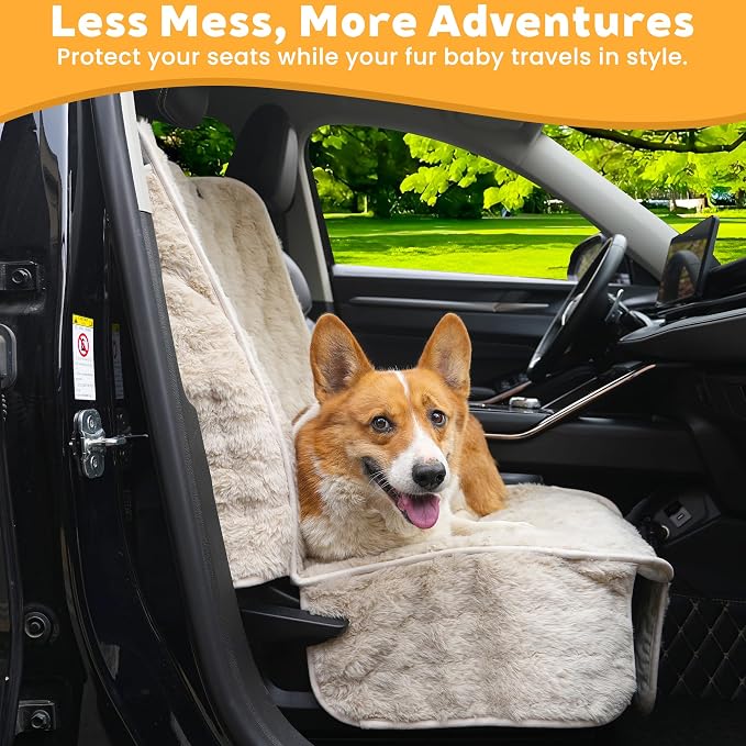Dog Car Seat Cover, Waterproof Plush Pet Seat Protector, Beige, Front Seat | Faux rabbit fur, waterproof layer, non-slip silicone backing, side flaps, machine washable, fits most cars and SUVs - Image 6