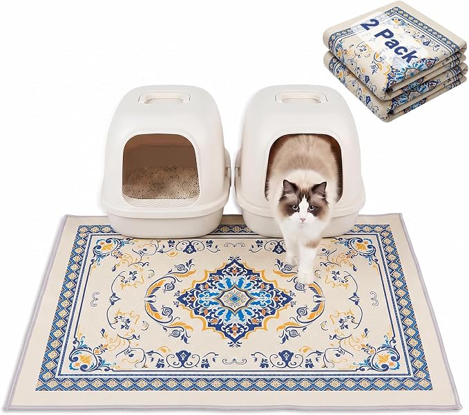 Bienbee Cat Litter Mat, 2PCS 33"x22" Machine Washable Litters Box Mats Non-Slip &Waterproof Cat Litters Trapping Mats Easy to Clean Mat for Litter Box Less Waste Protects Floors Blue and Gold L by Bienbee
