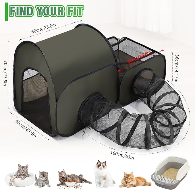 Tailtastic Indoor/Outdoor Cat Playpen with Surround Tunnel 2 Zones Green | escape-proof enclosed enslosure,lightweight foldable for travel, ideal for indoor cats, multi-cat homes & birthing - Image 3
