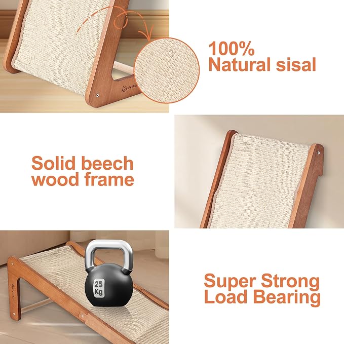 Large-28.5" Sisal Cat Scratcher of L-Shaped Solid Wood Cat Scratching Post - Beechwood Base, Natural Sisal Woven Scratching Pad, Durable, Furniture Protector for Cats' Clawing and Play - Image 5