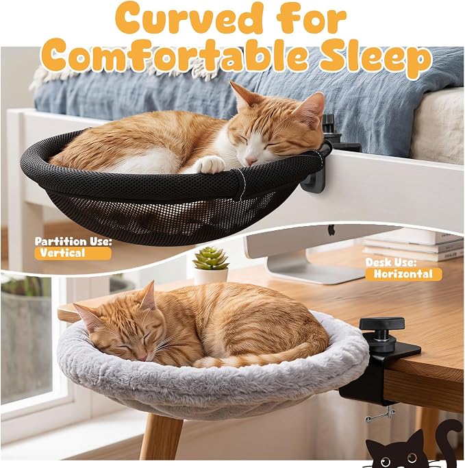 Topmart Cat Desk Bed with 360° Rotating,Cat Hammock with 2 Washable Pads | Easy to Install, Kittens Bed for Desk Attachment for Home Office,Up to 45LBS, Grey & Black - Image 3