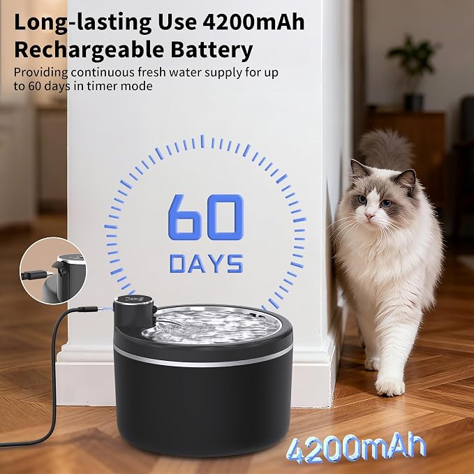 Cat Water Fountain Cordless, 108oz/3L Pet Fountains for Cats Indoor with Stainless Steel Tray, Battery Operated Cat Drinking Fountain with Motion Sens - Image 4