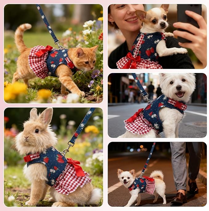 EXPAWLORER Dog Harness Small Medium Sized Dogs, No Choke No Pull Mesh Vest | Strawberry Dog Dress Bowknot Harness & Leash Set Soft Cute Princess Puppy Outfits Clothes Costume for Girls Party Cat Navy XS - Image 8