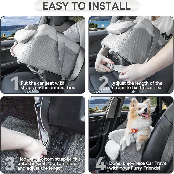 PETSFIT Console Dog Car Seat, Portable Small Dog Car Seat with Safe Protective Hooks, Luxury Dog Carseat Includes Safety Leash and Storage Pocket for Pets Up to 9 lbs (Grey) - Image 8