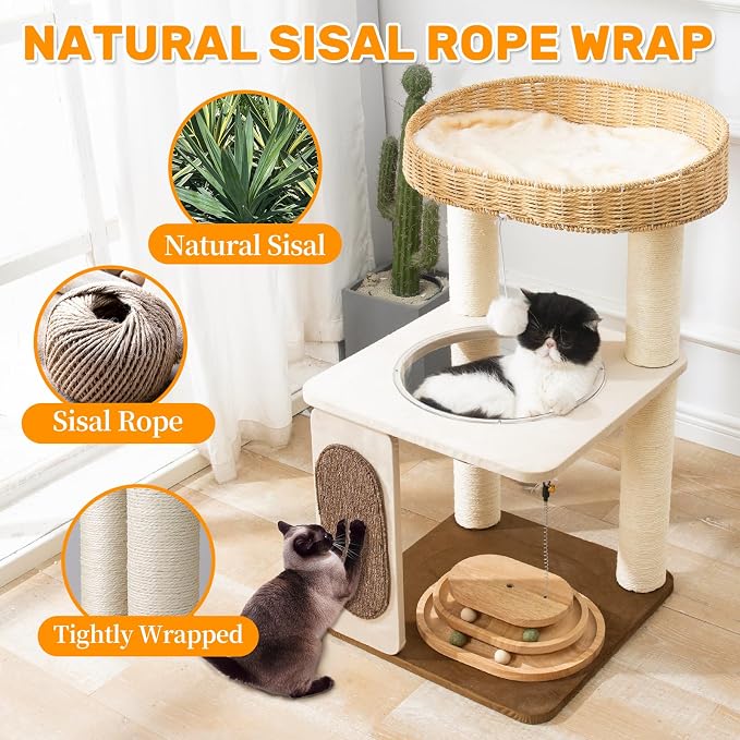 Modern Cat Tree for Indoor Cats, 30 in Cat Tower with Basket Bed | Clear Space Capsule, Interactive Play Base, 8 cm Thick Sisal Scratching Posts, Plush & Cooling Mats, Sturdy Structure - Image 2