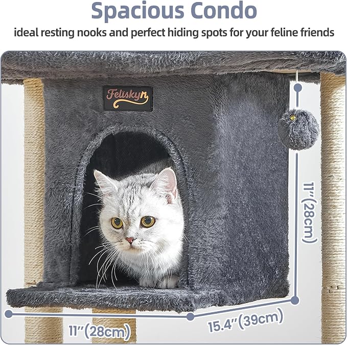 Cat Tree Tower Scratching Post for Indoor Large Adult Cats with Perch Bed | 28in Tall Small Cat Trees House with Big Perch, Condo, Toy Balls, Modern Kitten Climbing Furniture Platform, Dark Gray - Image 4