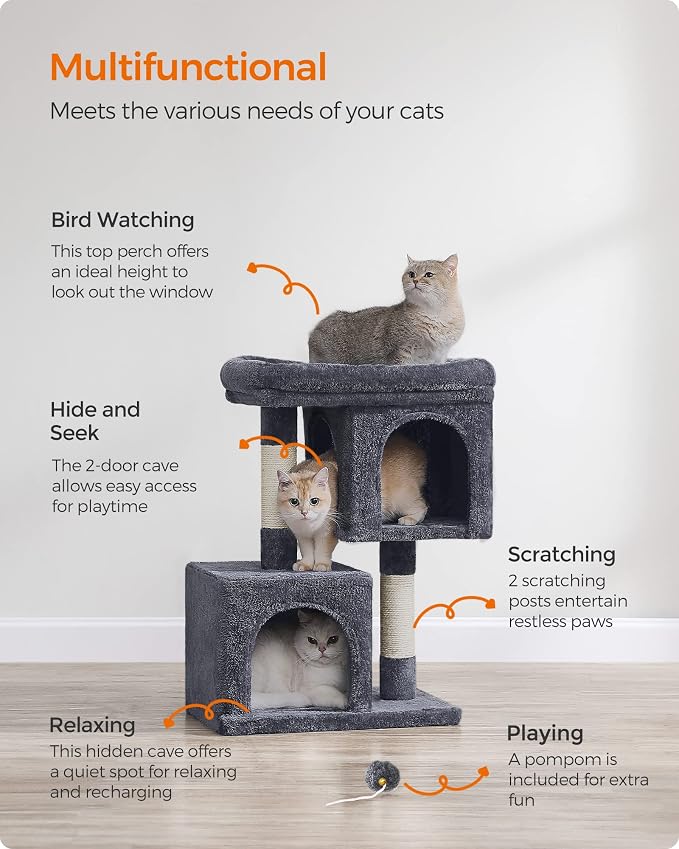Feandrea Cat Tree, 29.1-Inch Cat Tower, Plush Condo for Medium Cats up to 11 lb, Large Perch, 2 Caves, Scratching Post, Smoky Gray UPCT612G01 - Image 4