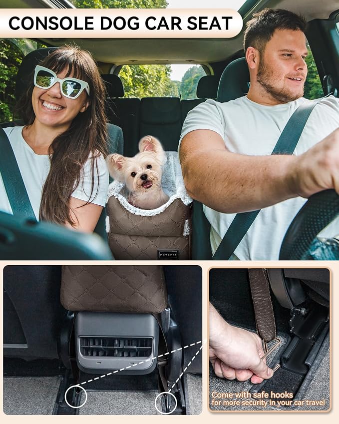 PETSFIT Dog Console Car Seat with Dual Adjustable Seat-Rail Anchor Hooks | Anti-Collapse Leather Armrest Booster Carseat with Safety Tether, Washable Cushion, Soft Pillow for Pets Under 8 lbs,Coffee - Image 2