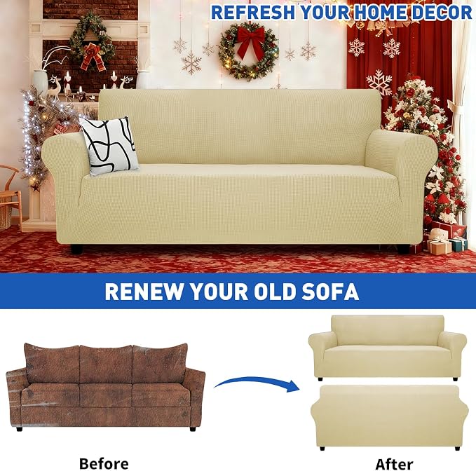 MAXIJIN Super Stretch Couch Cover for 3 Cushion Couch, 1-Piece Universal Sofa Covers Living Room Jacquard Spandex Furniture Protector Dogs Pet Friendly Fitted (Large, Beige) - Image 2