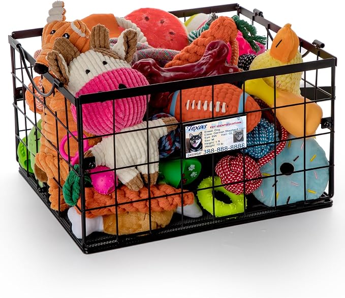 Dog Toy Basket, Dog Toy Storage Bin for Pet, Medium Toy Box for Dogs, Metal Storage Box with Handles, Toy Organizer Holder Boxes for Living Room (Black) by Unknown