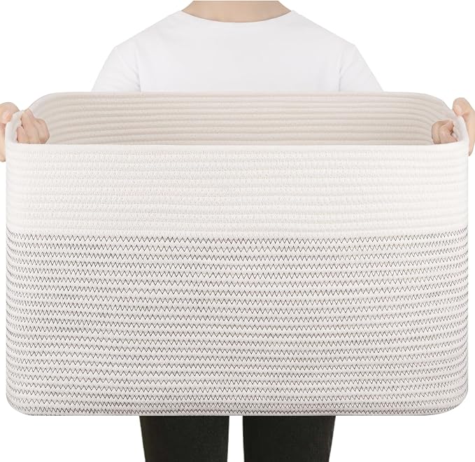 75L Large Cotton Rope Basket, Soft Toy Storage Bin for Nursery & Living Room, Decorative Blanket Basket for Bedroom, Baby-Safe Organizer for Pillows &Laundry, 22''×17''×12'', Black & White by SIXDOVE