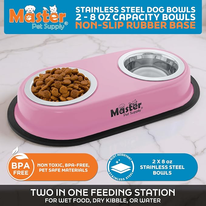 Master Pet Supply Double Dog Bowls Set with Elevated Base Hyper Pink | 2 - (8 oz) Stainless Steel Removable Dishes Double Cat Food Water Bowl, Dog Puppy Food Bowl Set, Rust Resistant, Raised Dish - Image 2