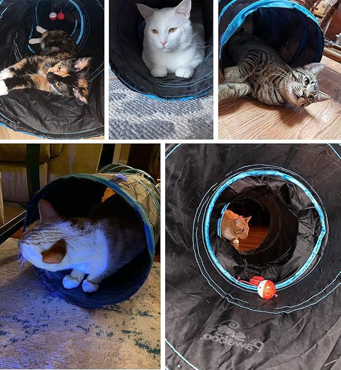 Pawaboo Cat Tunnel Tube S-Shaped, 25x97cm, Blue | Extensible Collapsible, Interactive Toy Maze, With Balls and Bells, For Kitten Kitty Rabbit Small Animal - Image 2