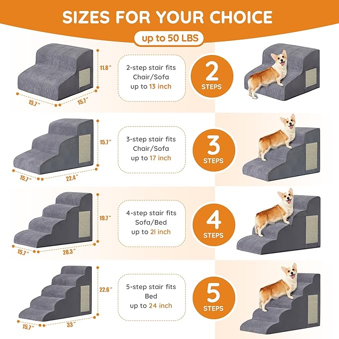 Dog Stairs for Small Dogs 15.7" H, Dog Ramp for Bed, 3-Step, Grey | Dog Steps for Bed, Couch, Pet Stairs with Non-Slip Bottom Design, Cat Scratching,High Density Foam Portable Pet Steps, Indoor - Image 2