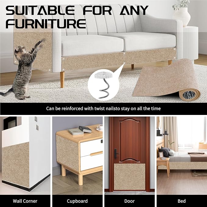 2 Pcs Total 78.8"x15.8" Cat Scratch Mat, Cat Scratch Couch Furniture Protector, Trimmable Self-Adhesive Cats Scratch Pads, DIY Cat Scratcher for Wall Protector and Covering Cat Tower (Khaki) - Image 7