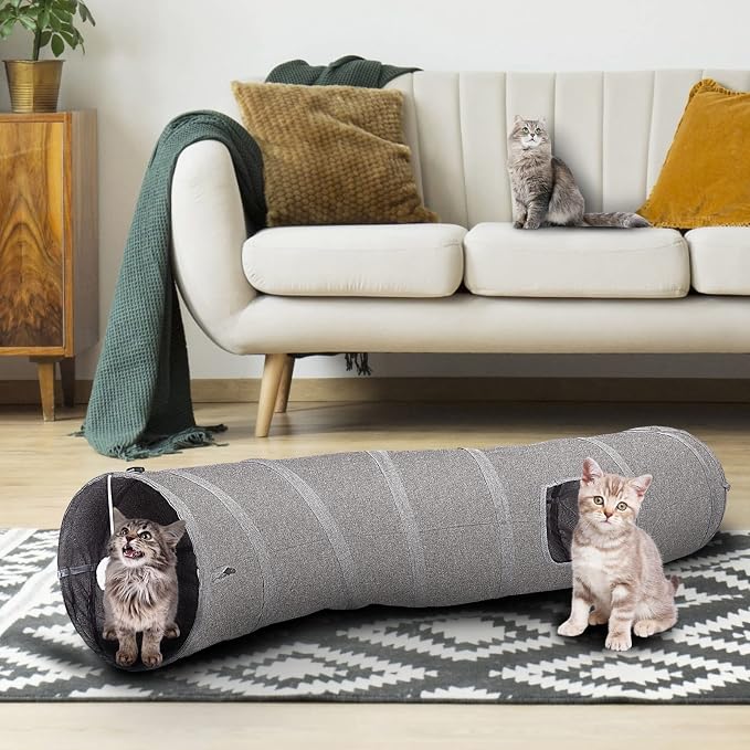 Ownpets S-Shape Cat Tunnel Toy 48"L x 10"D, for Cats, Puppies & Small Pets | Collapsible for storage, tear-resistant oxford fabric, connects to other tunnel, with peek hole, feather wand, indoor/outdoor - Image 7