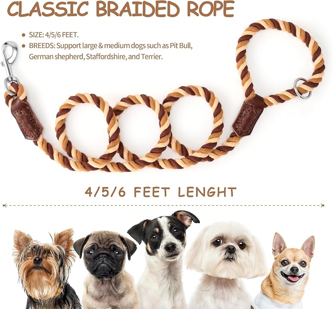Mile High Life Rainbow Dog Leash Braided Cotton Rope w Leather-Wrapped Ends | Rust-proof 360° swivel clasp, Heavy-duty for medium/large breeds. Great for weddings, daily walks (5FT, 1/2", Brown Gradient) - Image 5