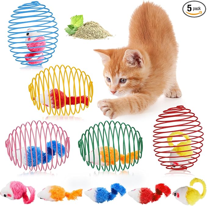 Jecery 5 Pcs Cat Toys Spring,Catnip Rats,Bright Color | Interactive Metal Cat Toy, Stretchable Rolling Ball, for Indoor Cats, Colorful Playful Coils, Kitten Pet Supplies by Jecery