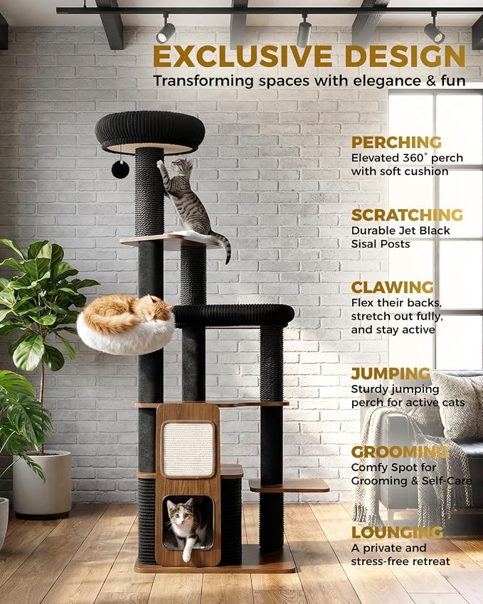 63" Heavy Duty Cat Tower, Modern Cat Tree, Wooden Cat Tree | Modern Cat Furniture, Sturdy Cat Tree Tower, Indoor Scratching Post, Plush Top Perch, Cozy Cat Condo - Image 2