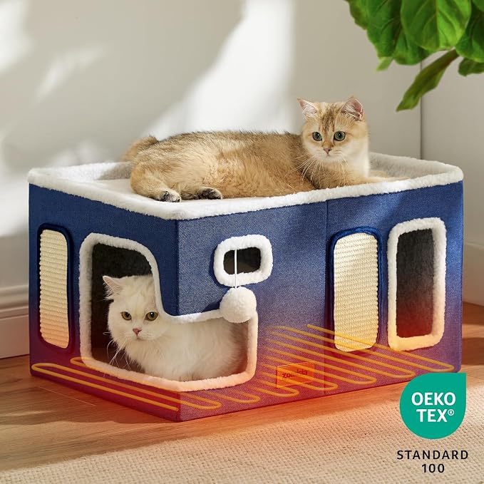 ZOMISIA Heated Cat House for Indoor Cats - Large Cat Warming Bed for Winter with Fluffy Ball Hanging and Adjustable Heating Pad, Foldable Cat Hideaway,23x16.5x13 inches, Navy Blue - Image 8