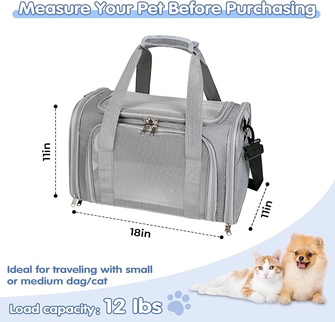 Cat,Dog Carrier for Small Medium Pet Carrier,Soft Sided Dog Bag Up to 12Lbs Puppy Carrier,Breathable Portable Foldable Airline Approved Pet Carriers for Travel (Grey) - Image 2